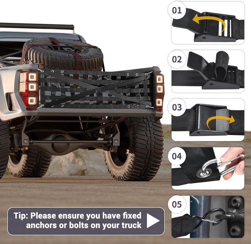GADFISH Tailgate Net with Adjustable Buckle Straps, 54"x17.7" Tailgate Cargo Net for Truck Bed, Perfect for Jeep, Pickup, Truck, Chevrolet, Ford (Black) - Image 4